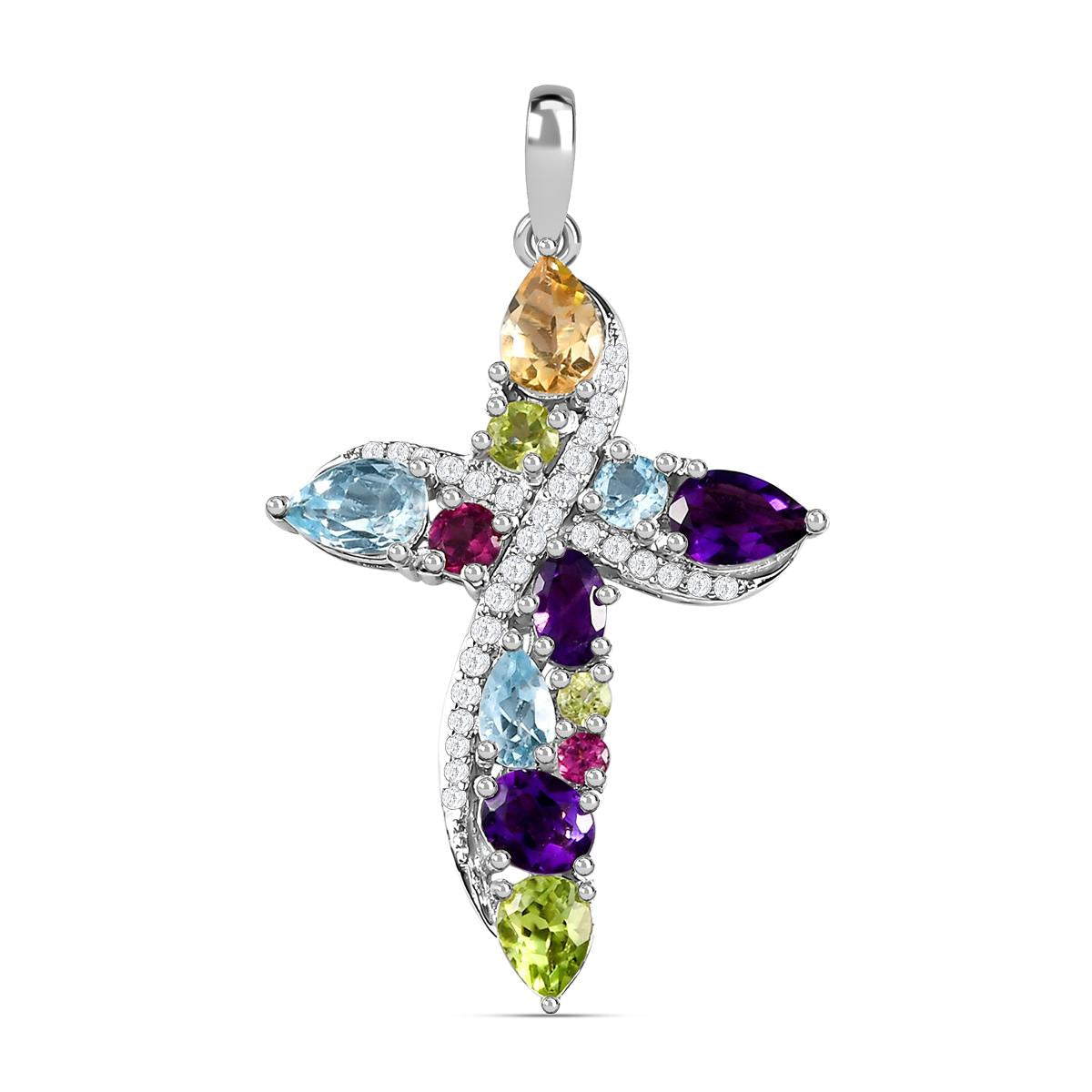 Mehrfarbiger Edelstein Kreuz-Anhänger, 925 Silber platiniert ca. 3,13 ct