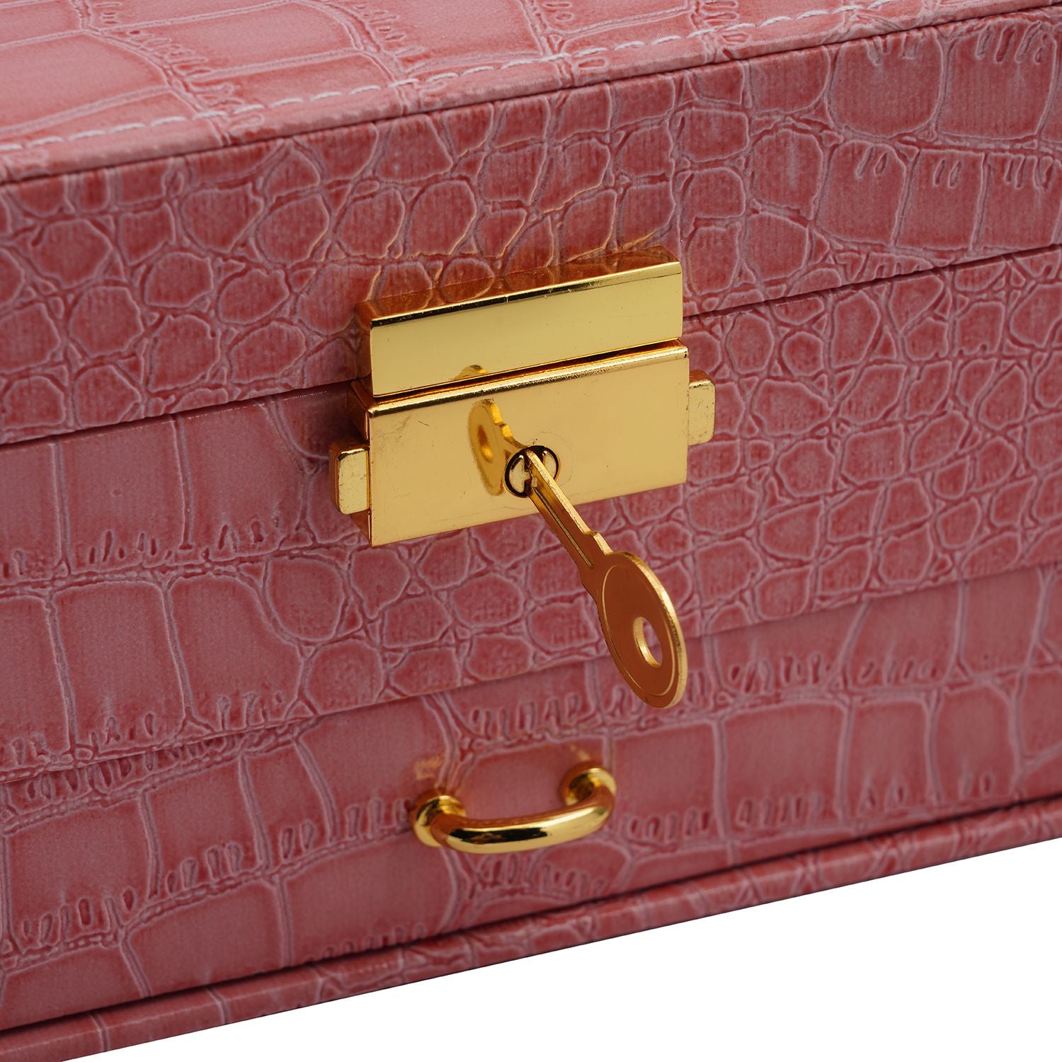 2-lagige Kunstleder-Schmuckschatulle mit Kroko-Prägung und Schloss mit Schlüssel, 21.3x17.3x11.5cm, Rosa