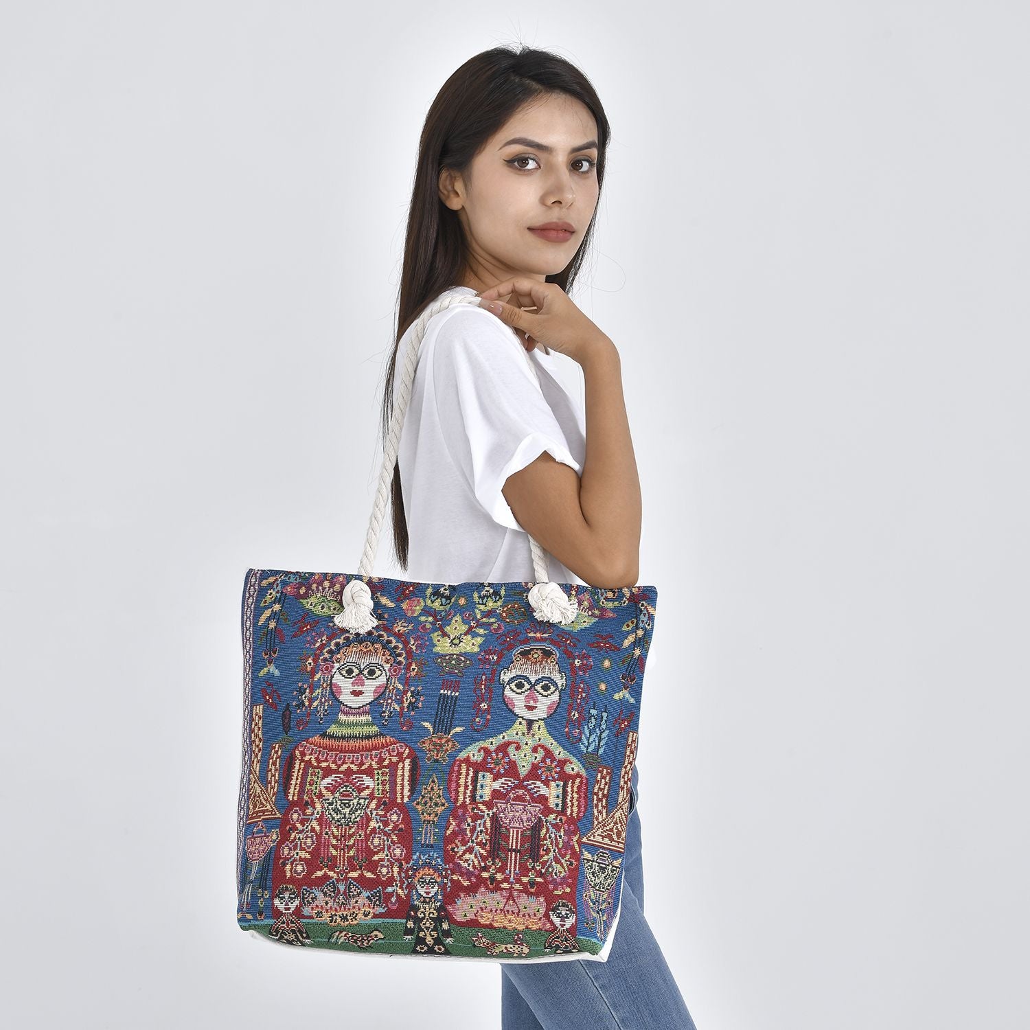 Jacquard gewebte Jute-Tasche mit Mond Design, 42x34 cm, Antik