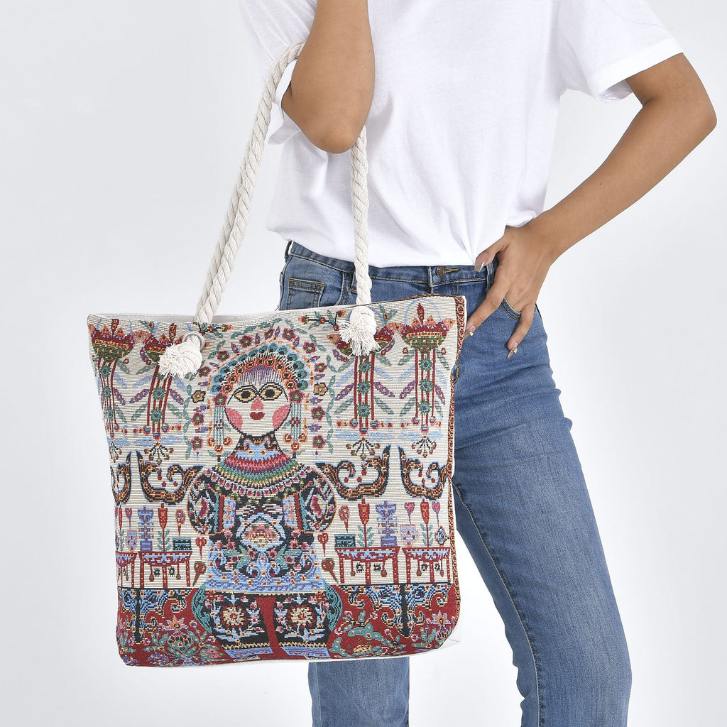 Jacquard gewebte Jute-Tasche mit Mond Design, 42x34 cm, Boho