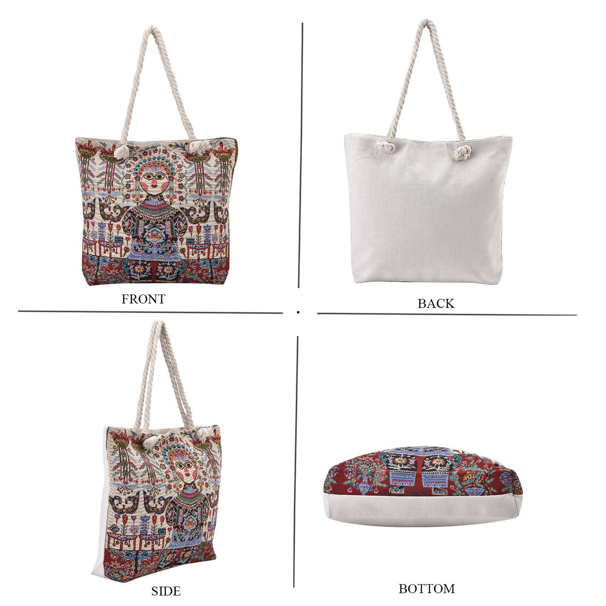 Jacquard gewebte Jute-Tasche mit Mond Design, 42x34 cm, Boho