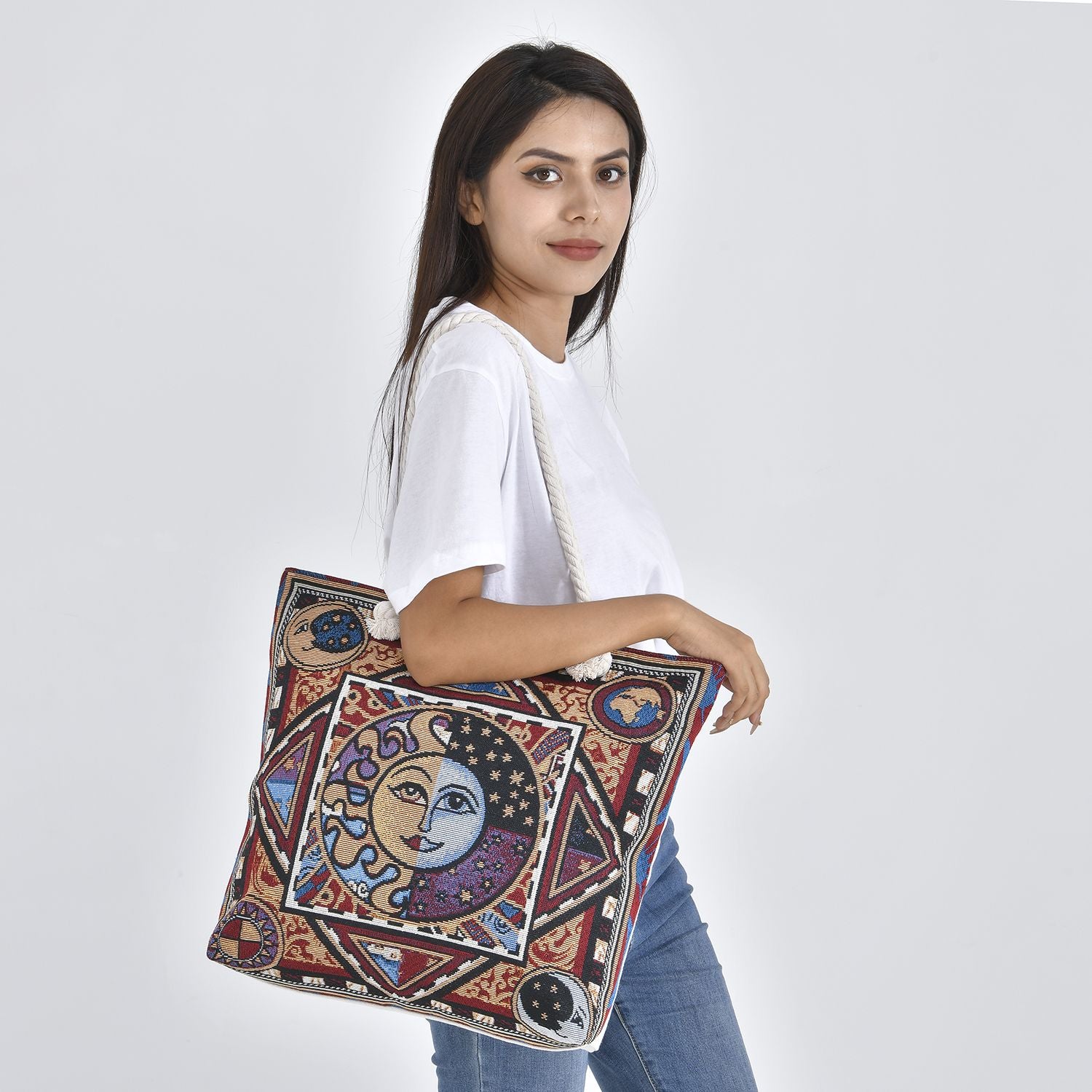 Jacquard gewebte Jute-Tasche mit Mond Design, 42x34 cm, Mond
