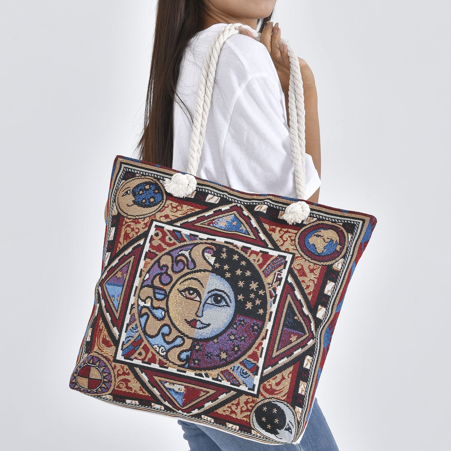 Jacquard gewebte Jute-Tasche mit Mond Design, 42x34 cm, Mond