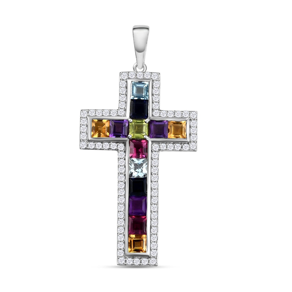 Mehrfarbiger Edelstein Kreuz-Anhänger, 925 Silber platiniert ca. 3,97 ct