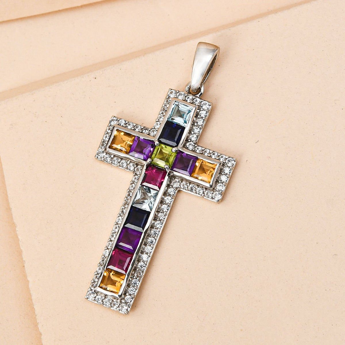 Mehrfarbiger Edelstein Kreuz-Anhänger, 925 Silber platiniert ca. 3,97 ct