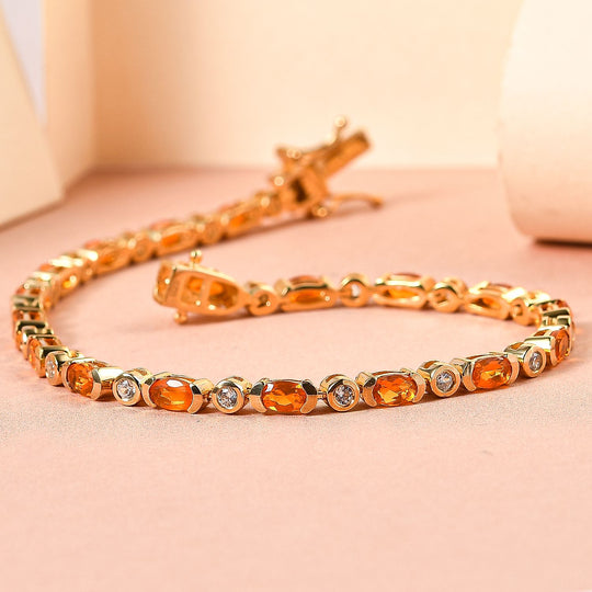 Salamanca Feueropal und weißes Zirkon-Armband, ca. 20 cm, 925 Silber vergoldet, ca. 4,00 ct