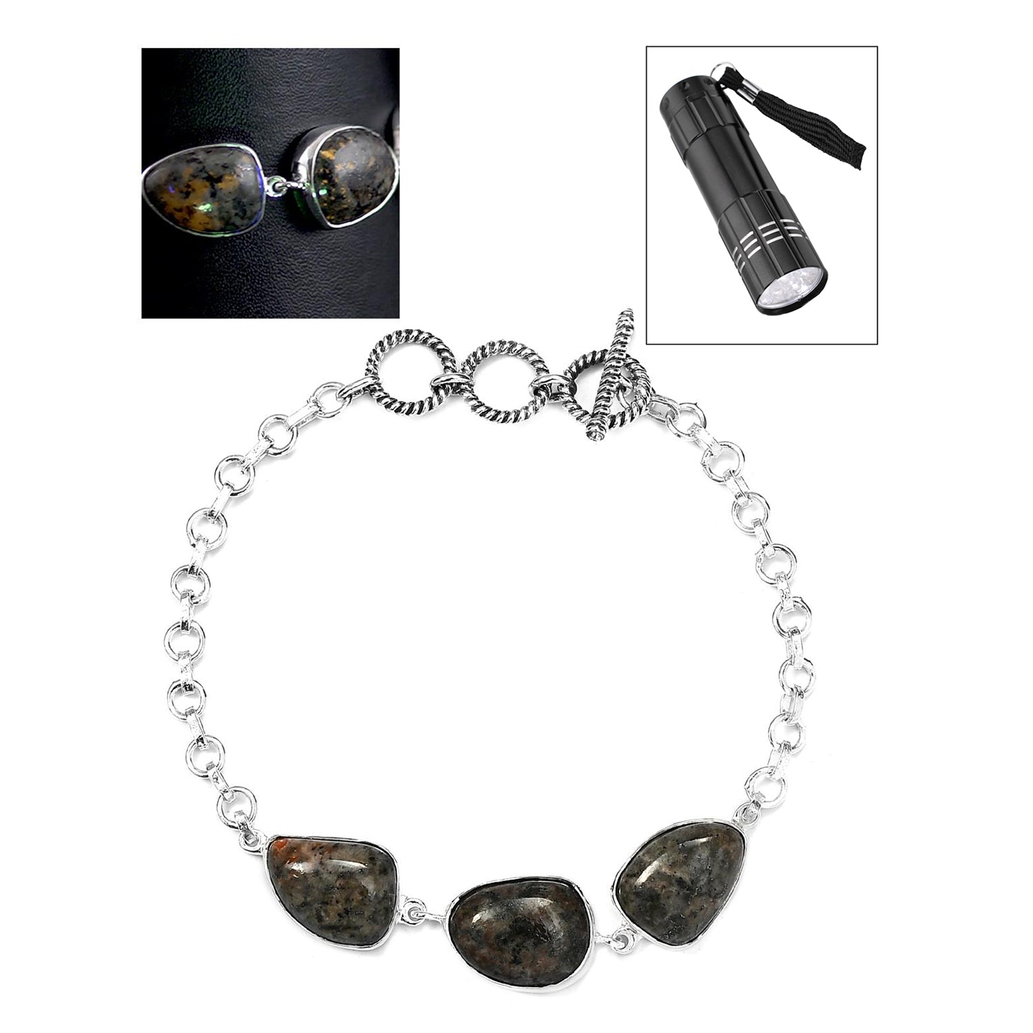 Handgearbeitetes, natürliches Yooperlith-Armband, ca. 19 cm, 925 Silber ca. 22.26 ct
