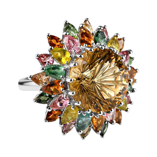 Hanabi Schliff -Citrin und natürlicher mehrfach-Turmalin Ring, 925 Silber platiniert (Größe 20.00) ca. 15.67 ct