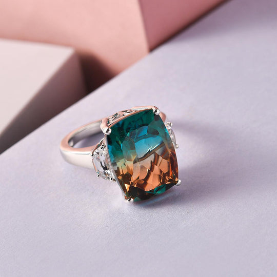 Aqua Terra Costa Quarz Triplett und weißer Topas-Ring, 925 Silber platiniert ca. 11,84 ct