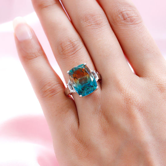 Aqua Terra Costa Quarz Triplett und weißer Topas-Ring, 925 Silber platiniert ca. 11,84 ct