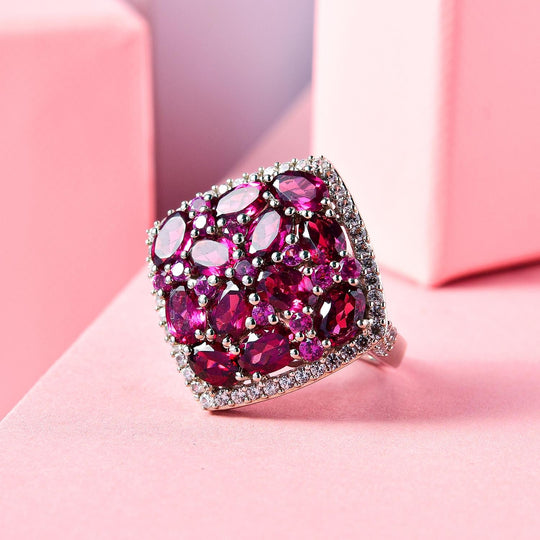 Rhodolith Granat und weißer Zirkon-Ring, 925 Silber platiniert ca. 8.70 ct