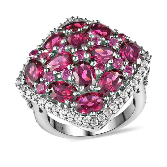 Rhodolith Granat und weißer Zirkon-Ring, 925 Silber platiniert ca. 8.70 ct