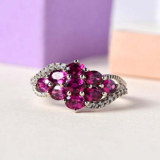 Rhodolith Granat und weißer Zirkon-Ring, 925 Silber platiniert ca. 2.21 ct