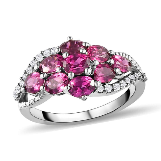 Rhodolith Granat und weißer Zirkon-Ring, 925 Silber platiniert ca. 2.21 ct