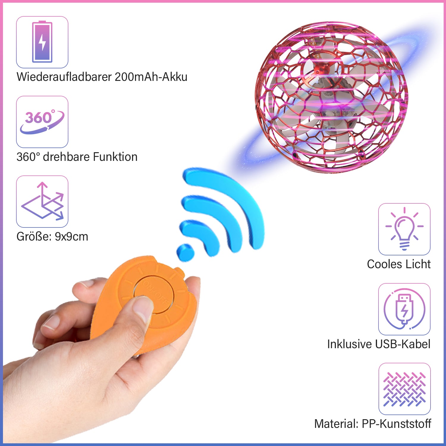 Fliegender Ball mit LEDs und Fernsteuerung, 9x9cm, rosa