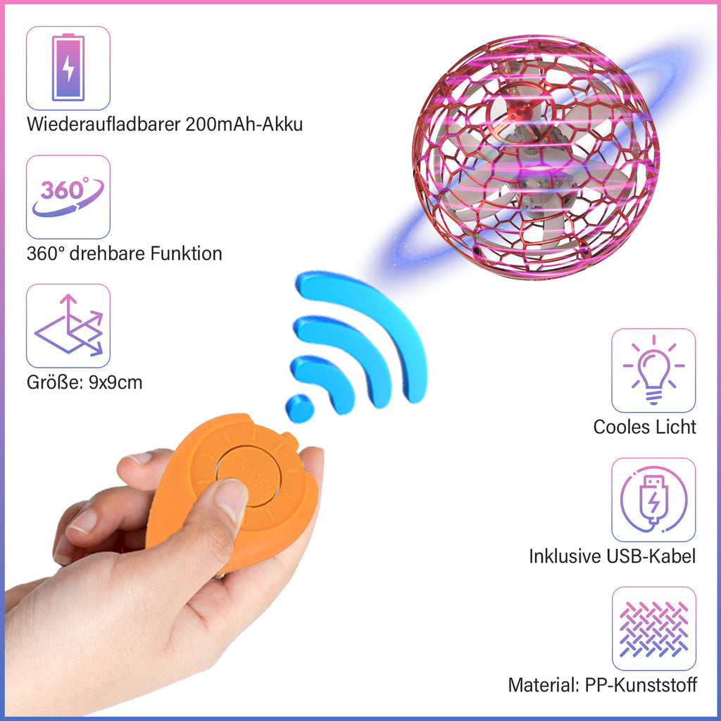 Fliegender Ball mit LEDs und Fernsteuerung, 9x9cm, rosa