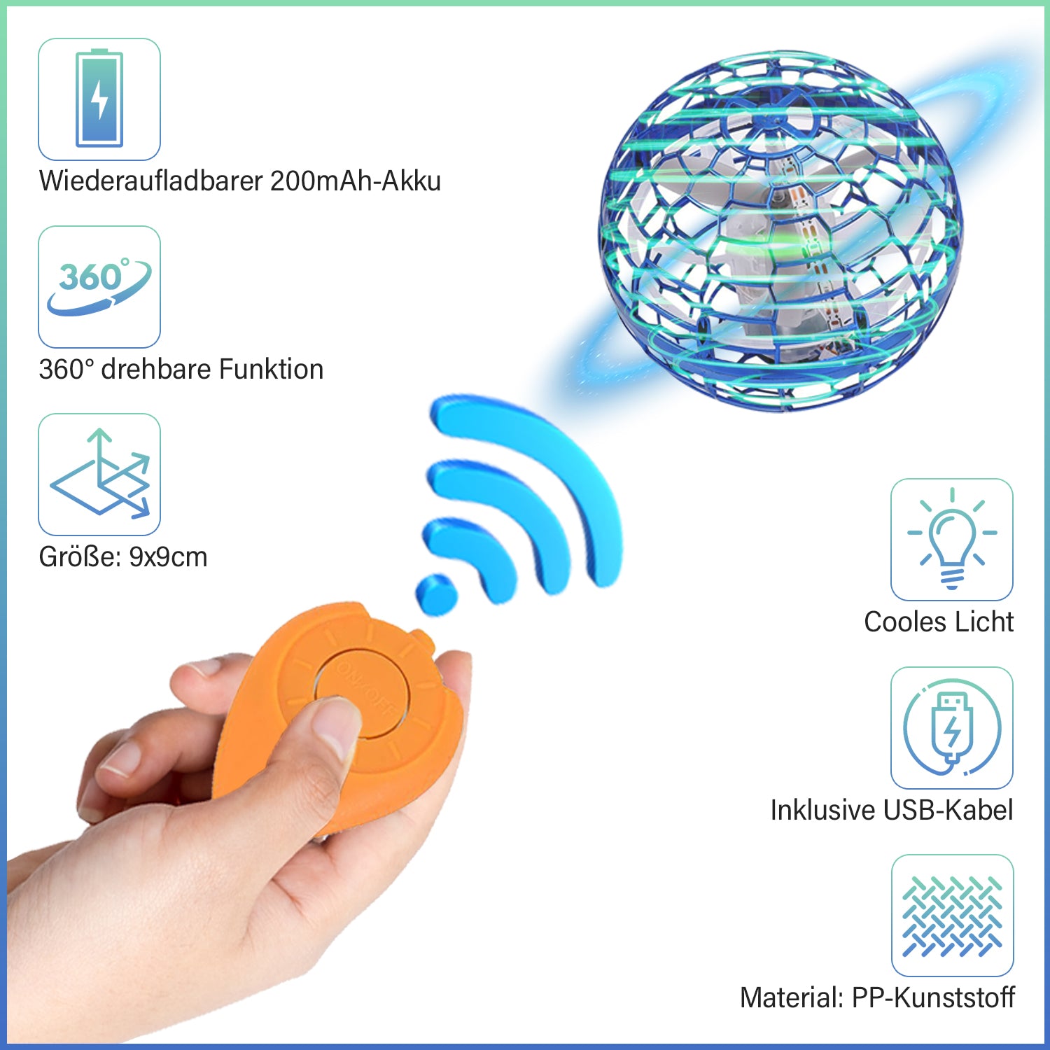 Fliegender Ball mit LEDs und Fernsteuerung, 9x9cm, blau