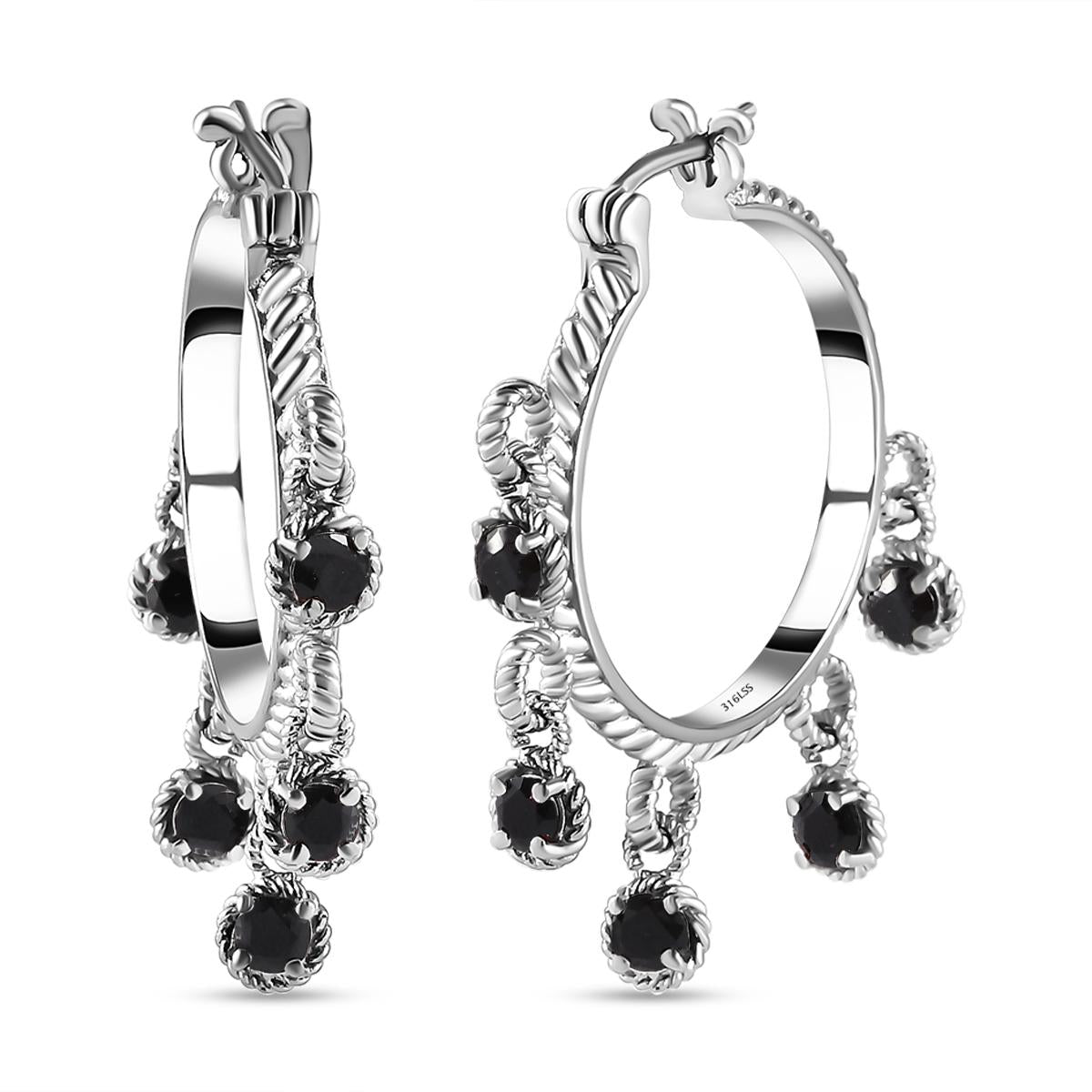 Schwarze Spinell Creolen, Edelstahl ca. 3,05 ct