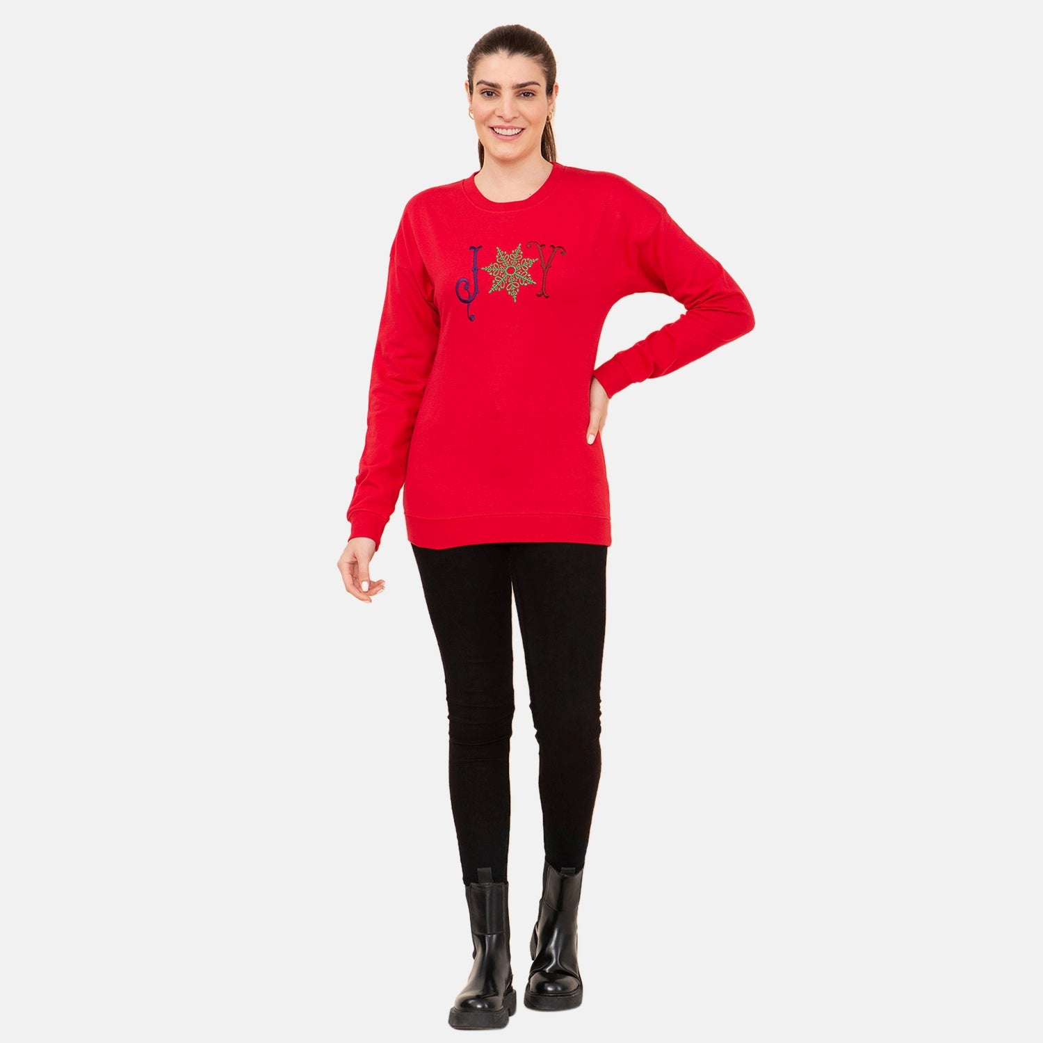 100% Baumwoll-Flanell Strick Sweatshirt mit Applikation, Rot Größe 40