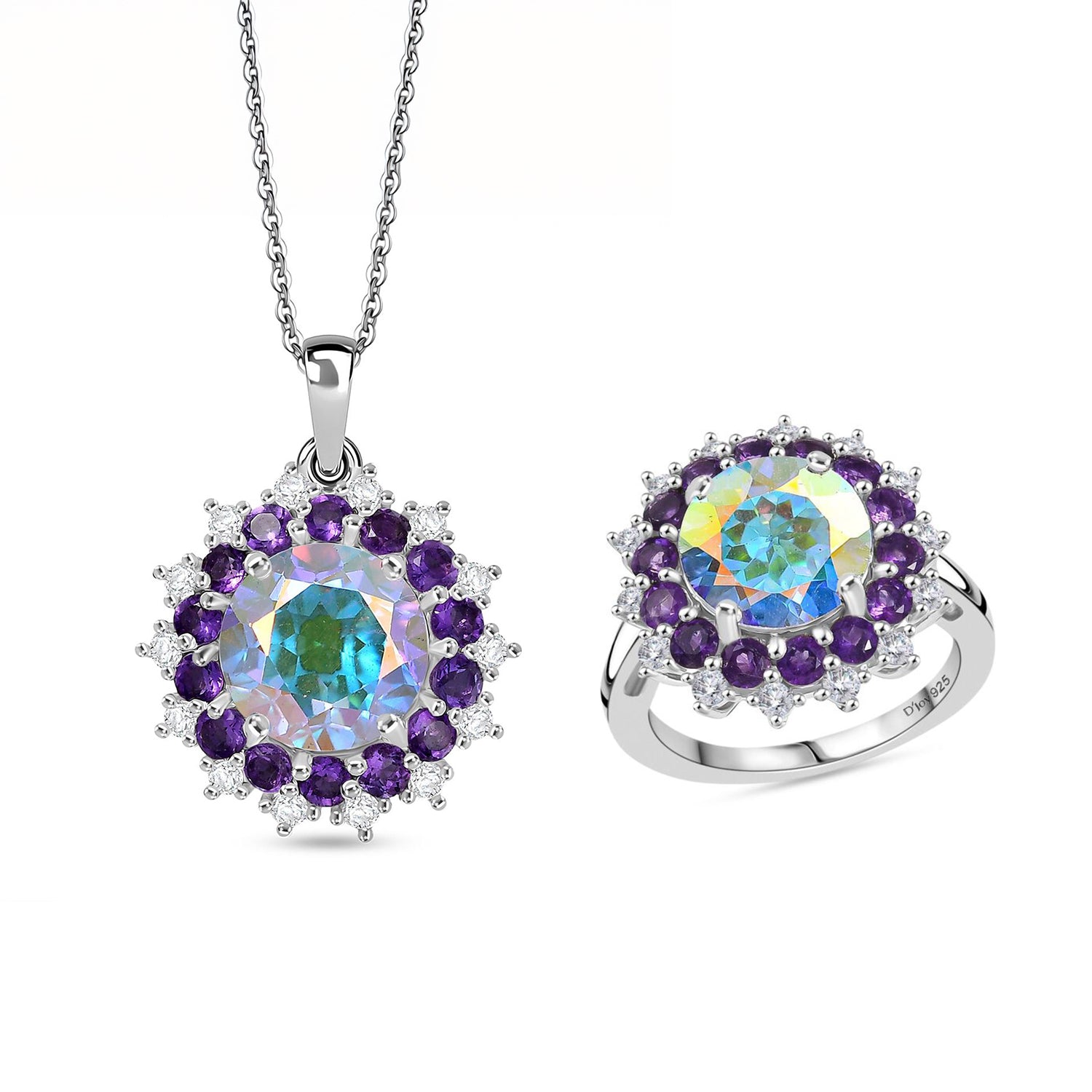 D'Joy Merkur mystischer Topas, afrikanischer Amethyst und Zirkon Ring und Anhänger mit 45cm Kette