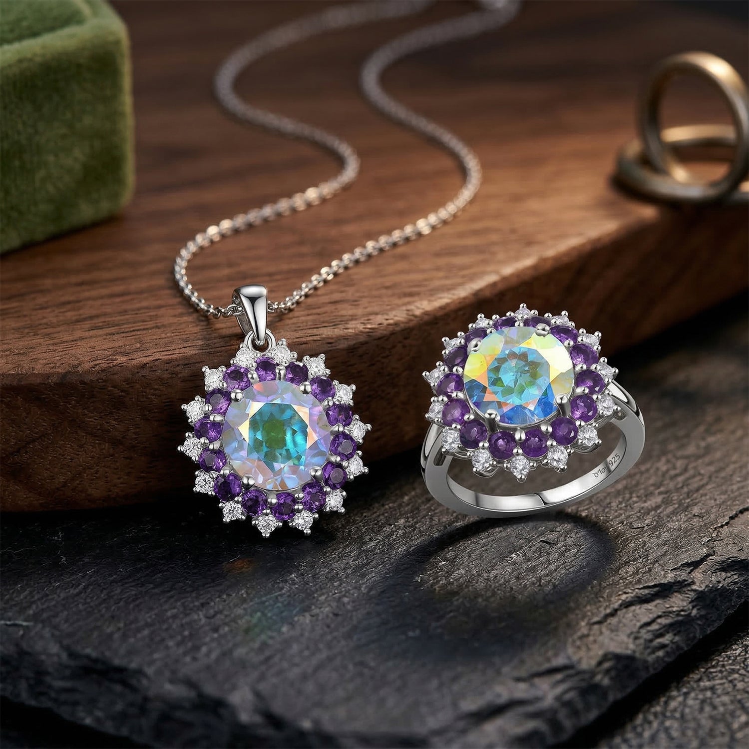 D'Joy Merkur mystischer Topas, afrikanischer Amethyst und Zirkon Ring und Anhänger mit 45cm Kette