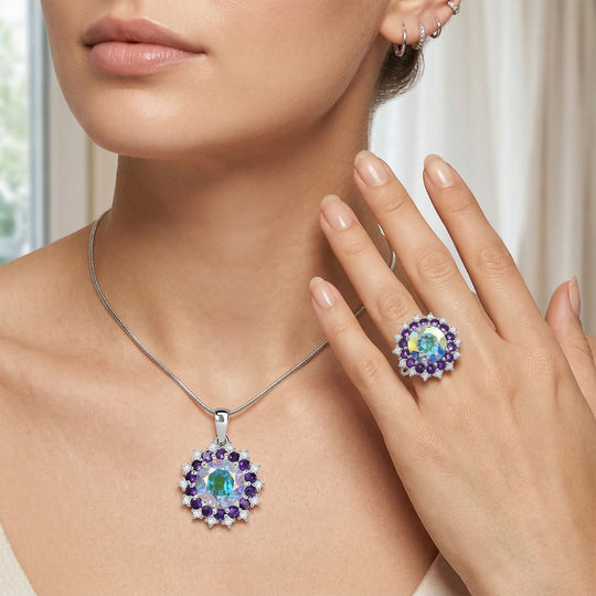 D'Joy Merkur mystischer Topas, afrikanischer Amethyst und Zirkon Ring und Anhänger mit 45cm Kette