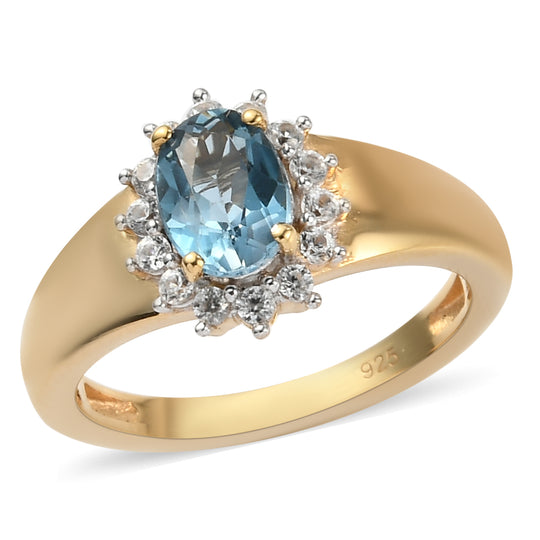 London Blau Topas und Zirkon Halo Ring 925 Silber vergoldet ca. 1,24 ct