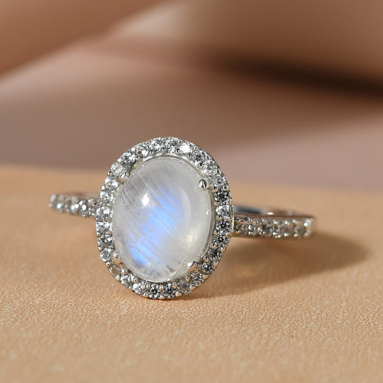 Regenbogen Mondstein und Zirkon-Ring, 925 Silber platiniert ca. 2.71 ct