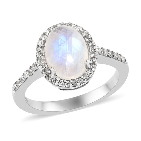 Regenbogen Mondstein und Zirkon-Ring, 925 Silber platiniert ca. 2.71 ct