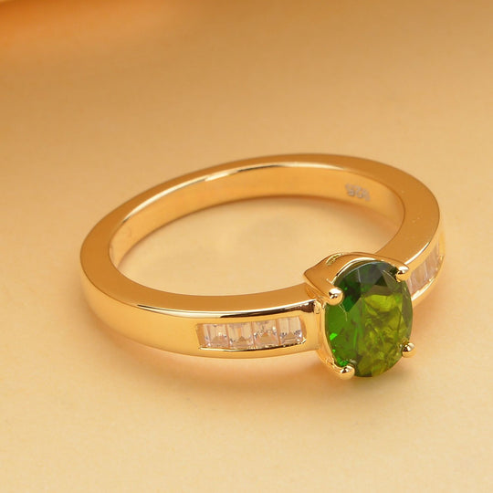 Natürlicher Chromdiopsid und weißer Zirkon Ring, 925 Silber Gelbgold Vermeil ca. 1.53 ct