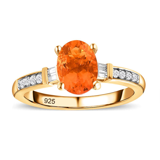 Salamanca Feueropal und weißer Zirkon-Ring, 925 Silber Gelbgold Vermeil ca. 1.03 ct