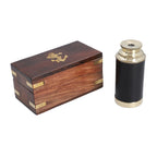 Handgefertigtes, voll funktionsfähiges Teleskop mit Ledergriff und hölzerner Geschenk-Box, 15.2x3cm, Gold