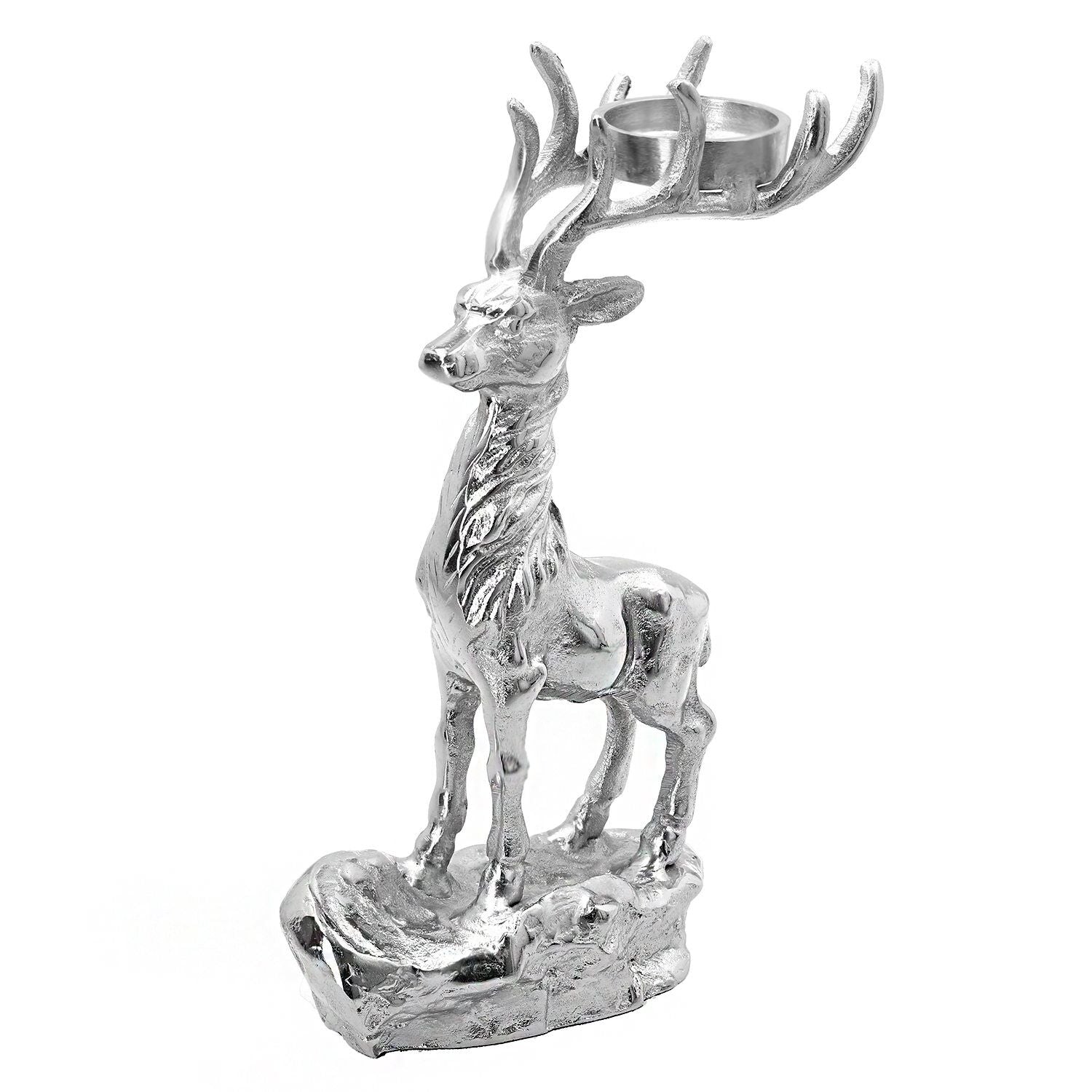 Rentier auf Felsen Figur Teelichthalter, 17x7.5x30.5cm, silber