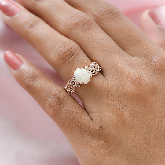 Natürlicher, äthiopischer Welo Opal und natürlicher, ungeschliffener rosa Diamant Ring, 925 Silber Roségold Vermeil ca. 1.44 ct
