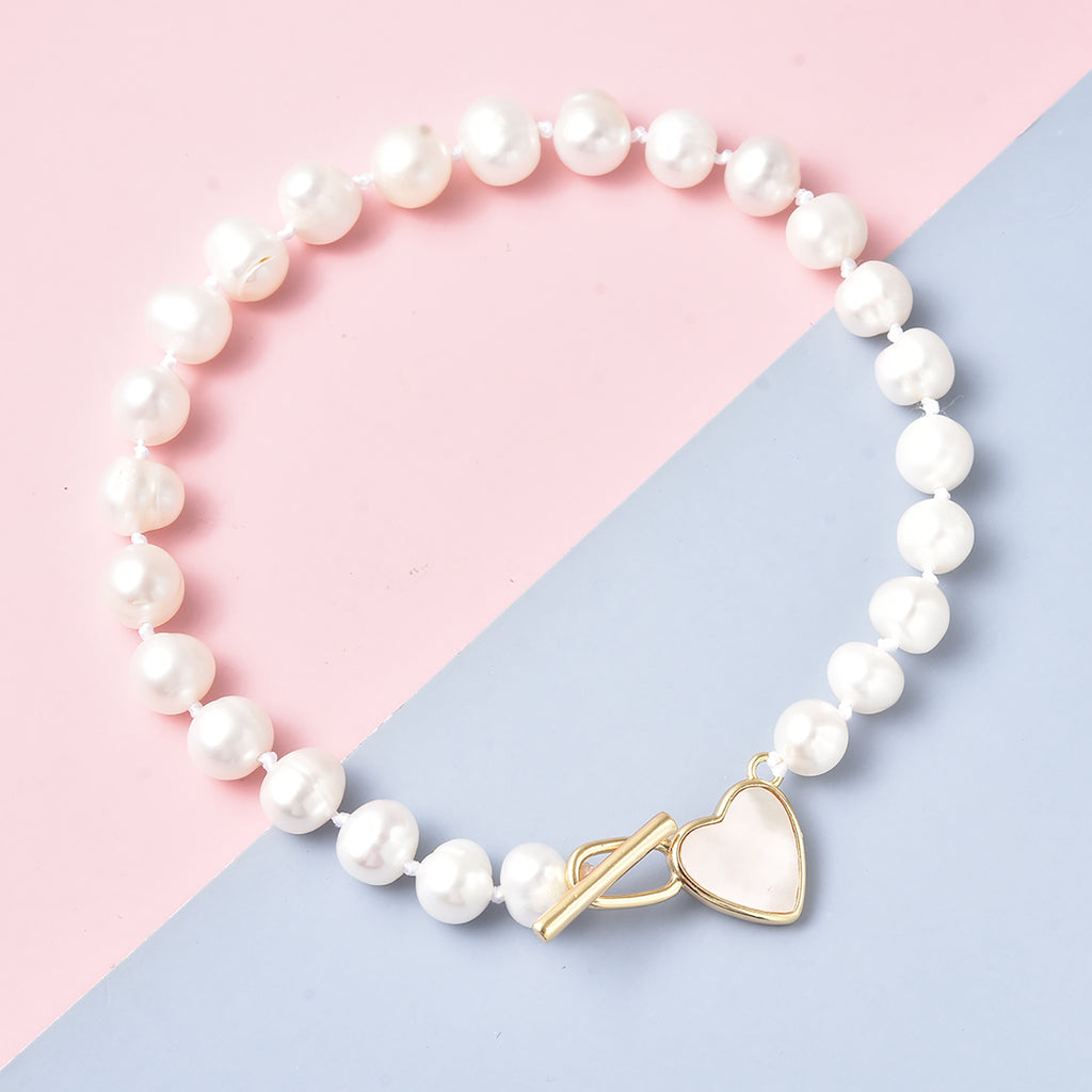 Perlmutt und weißes Süßwasserperlen-Armband, 20 cm, Messing