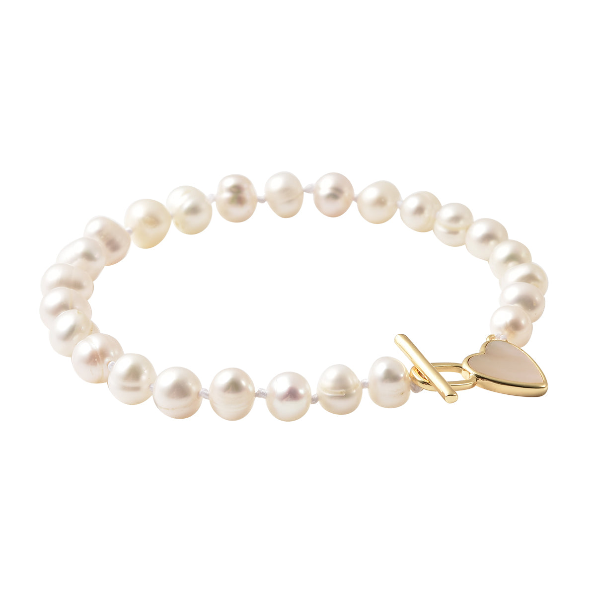 Perlmutt und weißes Süßwasserperlen-Armband, 20 cm, Messing