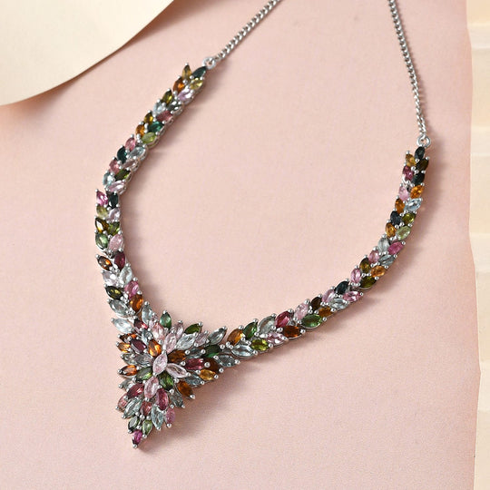 Natürliches mehrfarbiges Turmalin Collier, ca. 45 cm, 925 Silber platiniert, ca. 11.67 ct