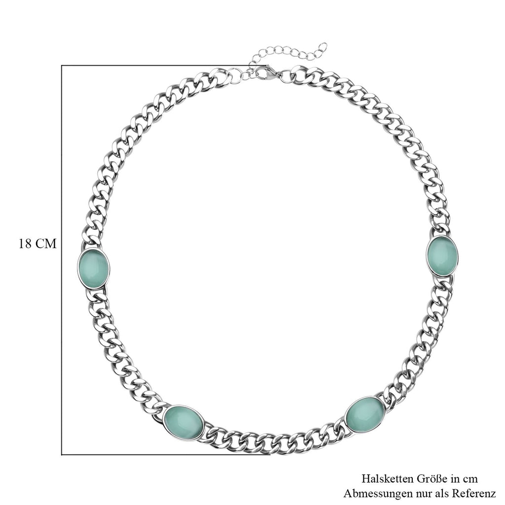 Künstliche, grüne Katzenauge Halskette, ca. 50 cm, Edelstahl ca. 25,00 ct