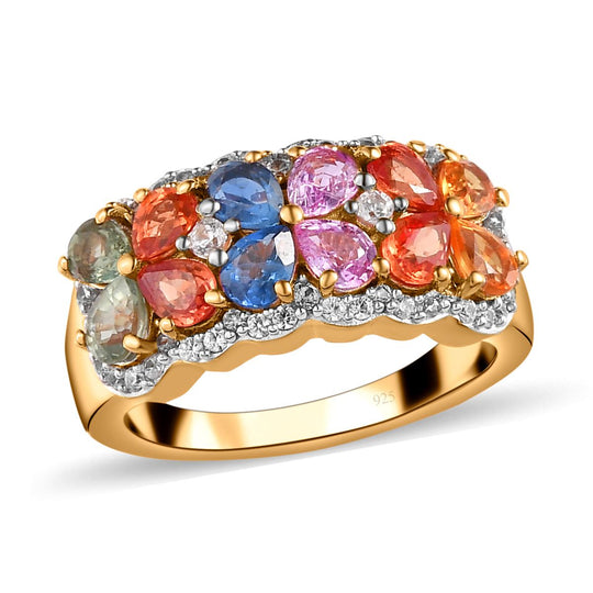 Mehrfarbiger Saphir und weißer Zirkon-Ring, 925 Silber vergoldet ca. 3.54 ct