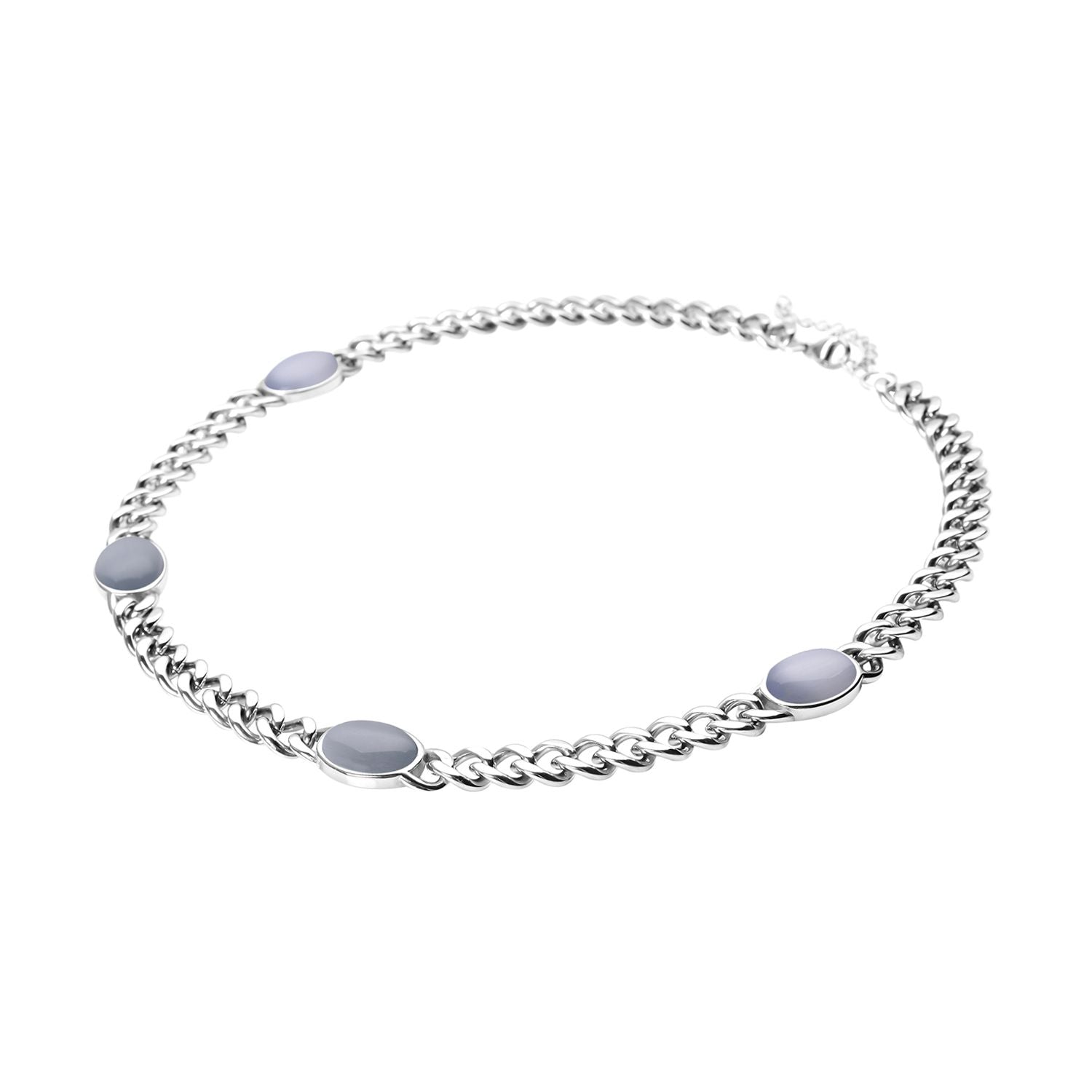 Künstliche, weiße Katzenaugen Halskette, ca. 50 cm, 316L Edelstahl, ca. 25.00 ct