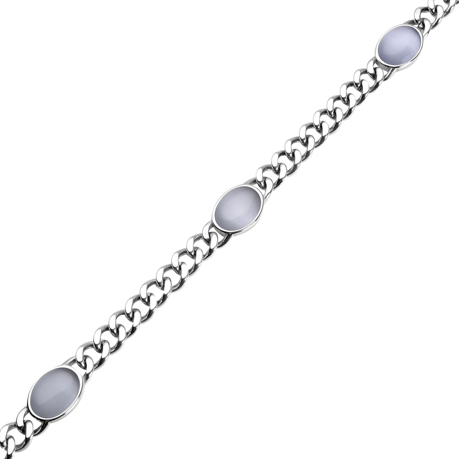 Künstliche, weiße Katzenaugen Halskette, ca. 50 cm, 316L Edelstahl, ca. 25.00 ct