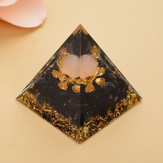 Feng Shui Edelstein Pyramide, Lotusblüte, Schwarzer Obsidian und Rosenquarz