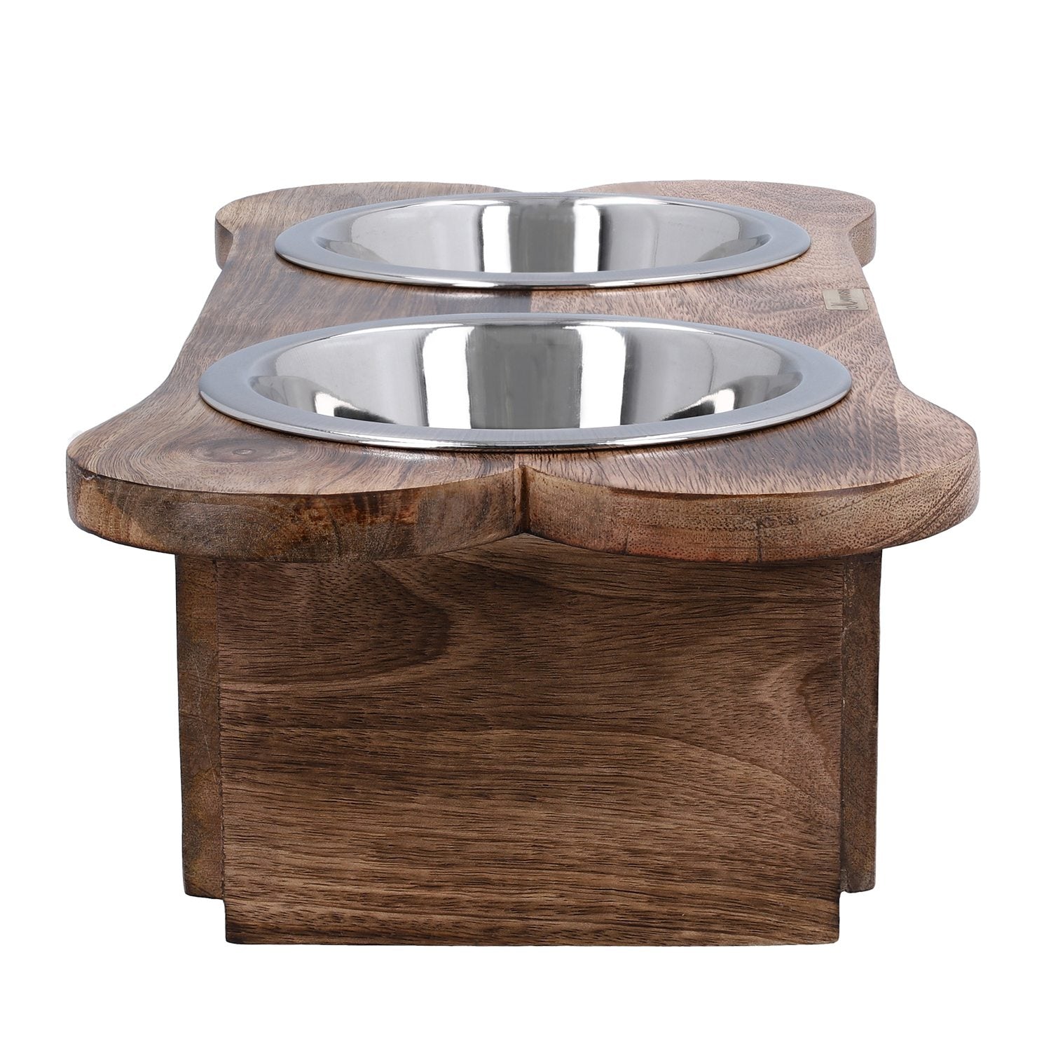 NAKKASHI - Handgeschnitzte Futternäpfe aus Mangoholz mit Schalen aus Edelstahl, braun, Pfote