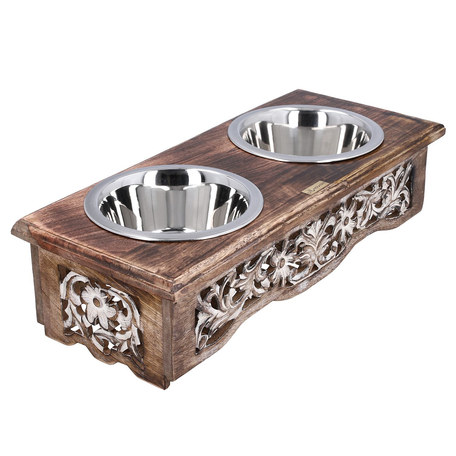 NAKKASHI - Handgeschnitzte Futternäpfe aus Mangoholz mit Schalen aus Edelstahl, braun, floral