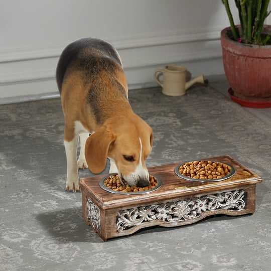 NAKKASHI - Handgeschnitzte Futternäpfe aus Mangoholz mit Schalen aus Edelstahl, braun, floral