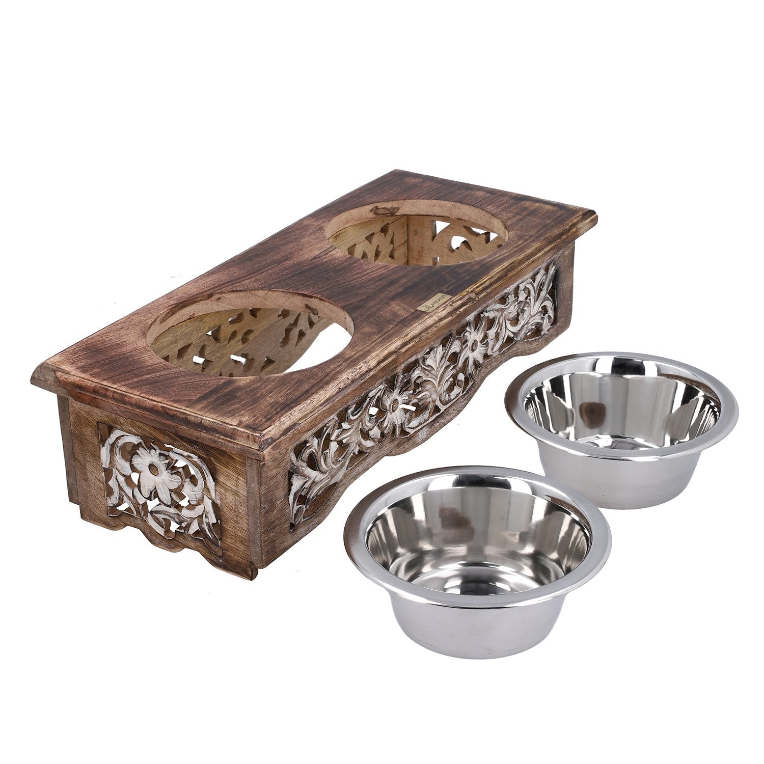 NAKKASHI - Handgeschnitzte Futternäpfe aus Mangoholz mit Schalen aus Edelstahl, braun, floral