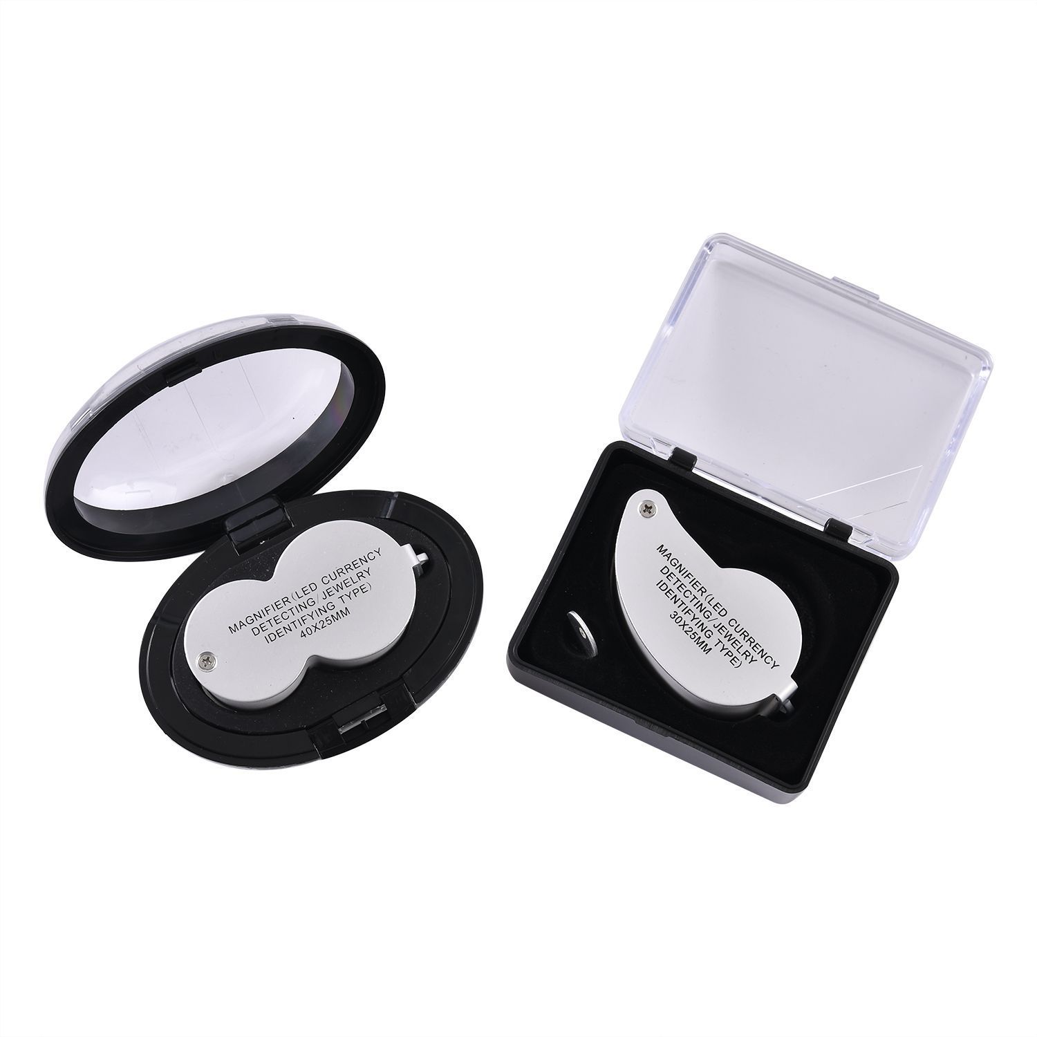 2er Set Schmucklupen mit LED- und UV Licht, 40x und 30x Linse, 6.5x3.3x2.7cm, Silber