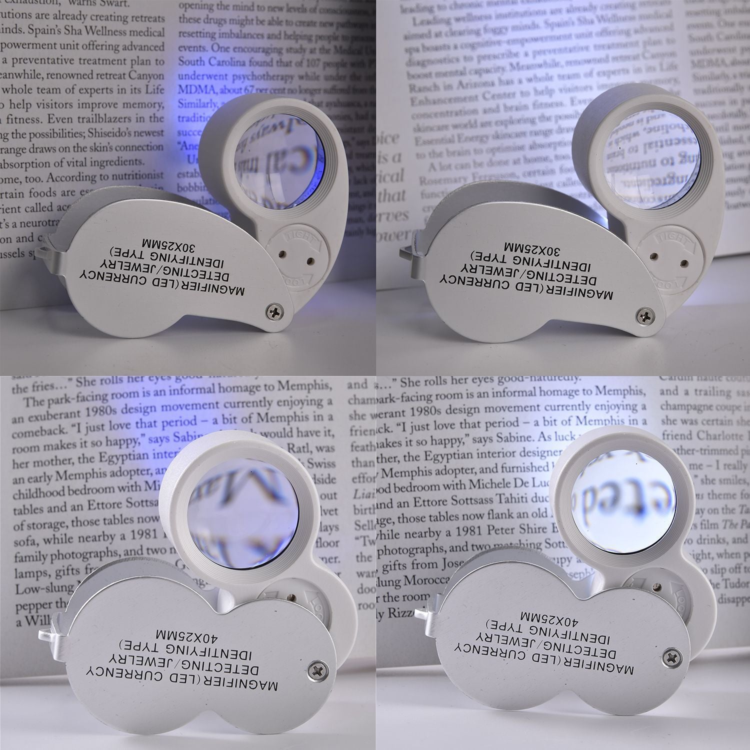 2er Set Schmucklupen mit LED- und UV Licht, 40x und 30x Linse, 6.5x3.3x2.7cm, Silber