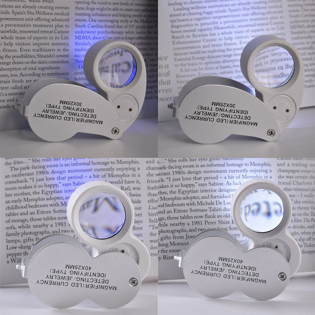 2er Set Schmucklupen mit LED- und UV Licht, 40x und 30x Linse, 6.5x3.3x2.7cm, Silber