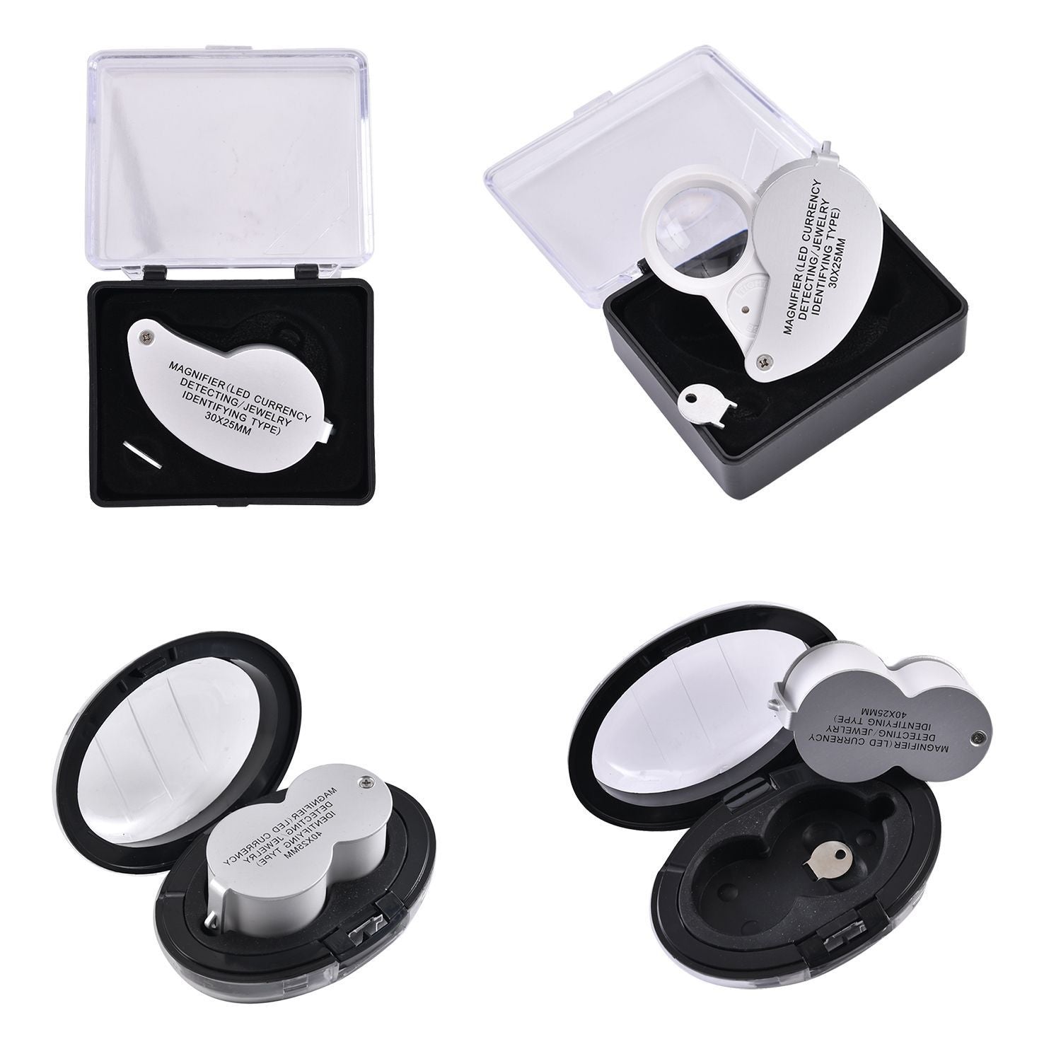 2er Set Schmucklupen mit LED- und UV Licht, 40x und 30x Linse, 6.5x3.3x2.7cm, Silber